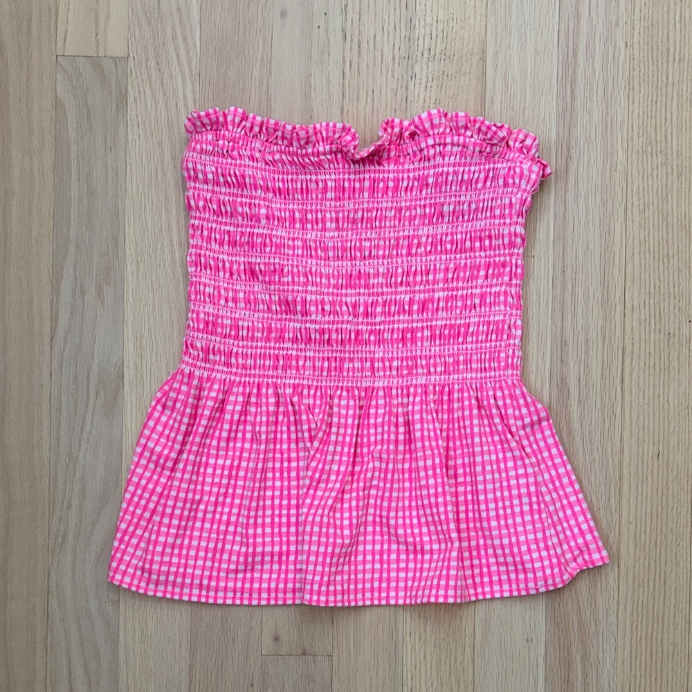 Lilly Pulitzer Hot Pink Gingham Smocked Peplum Tube Top